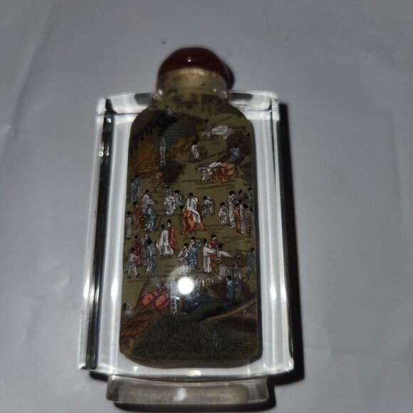 Hand-Painted Asian Scene Glass Snuff Bottle With Red Cap - Picture 6 of 8